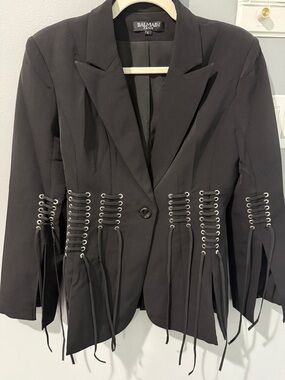Balmain Black Lace-Up Eyelet Blazer with Fringe Ties